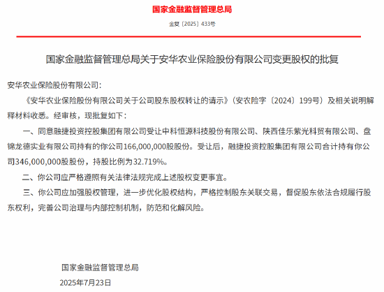 鑫月配 安华农险股权变更获批 融捷投资集团持股比例为32.7%